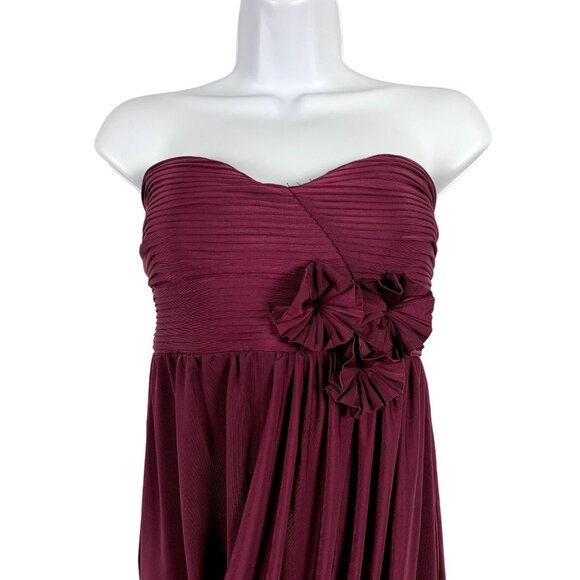 Misopo Strapless Burgundy Cocktail Dress With Floral Applique & Draped Skirt - Picture 2 of 13
